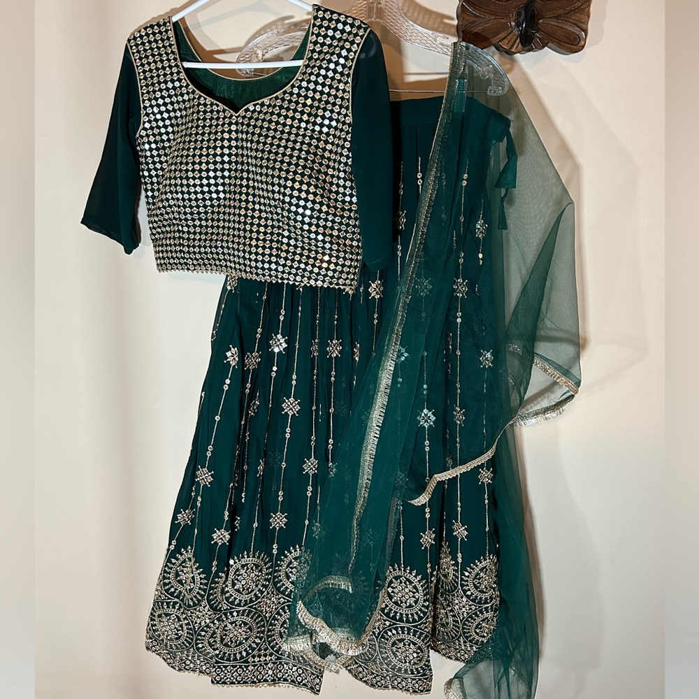 Lengha with top and dupatta, forest green, worn once